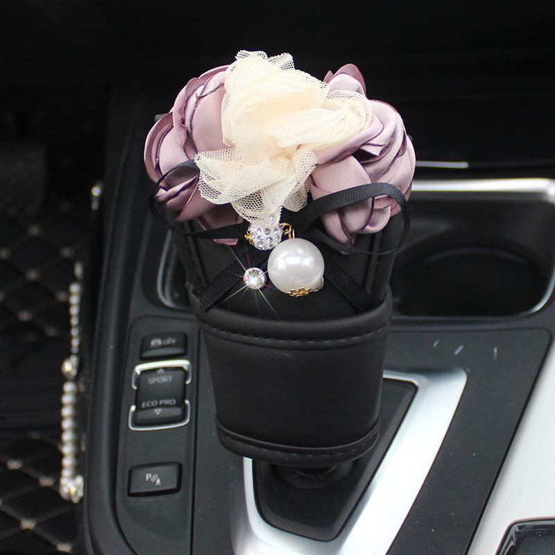 Flower 1pcs Crystal Car Gear Covers Leather Diamond Shift Cover Auto Interior Decro - Black