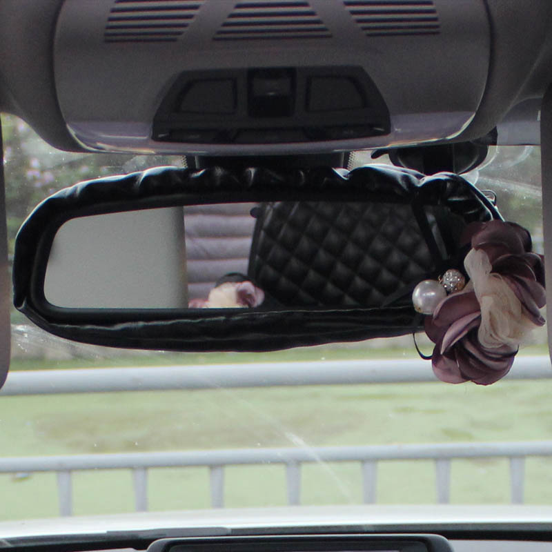 Flower Bling Women Leather Car Rearview Mirror Elastic Covers Motorcar Interior Decorate - Black