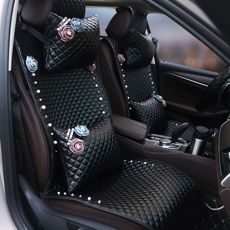 Flower Leather Car Seat Covers Punk Pearl Universal Auto Cushion 5 Seat 10pcs Sets - Black