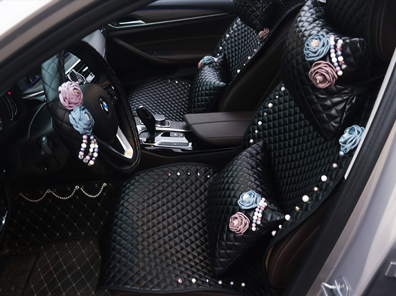 Flower Leather Car Seat Covers Punk Pearl Universal Auto Cushion 5 Seat 10pcs Sets - Black