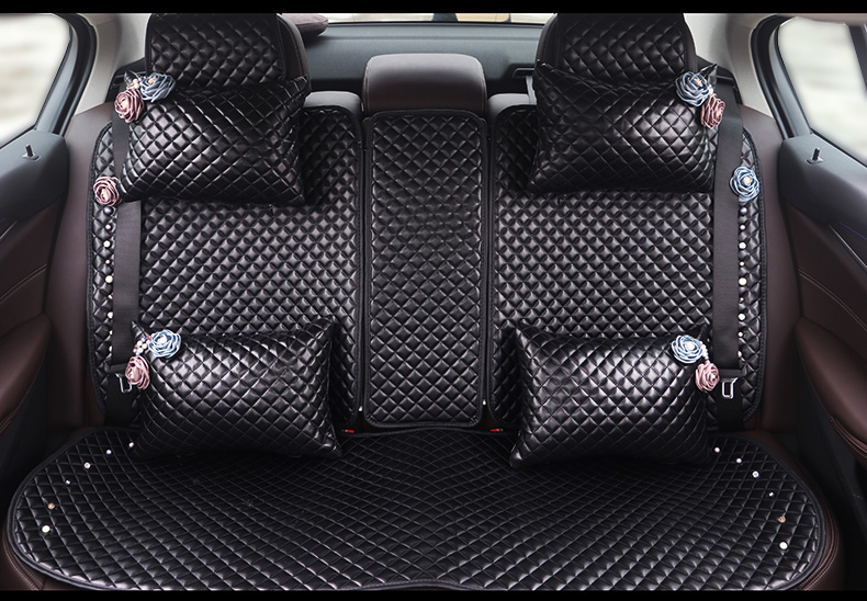Flower Leather Car Seat Covers Punk Pearl Universal Auto Cushion 5 Seat 10pcs Sets - Black