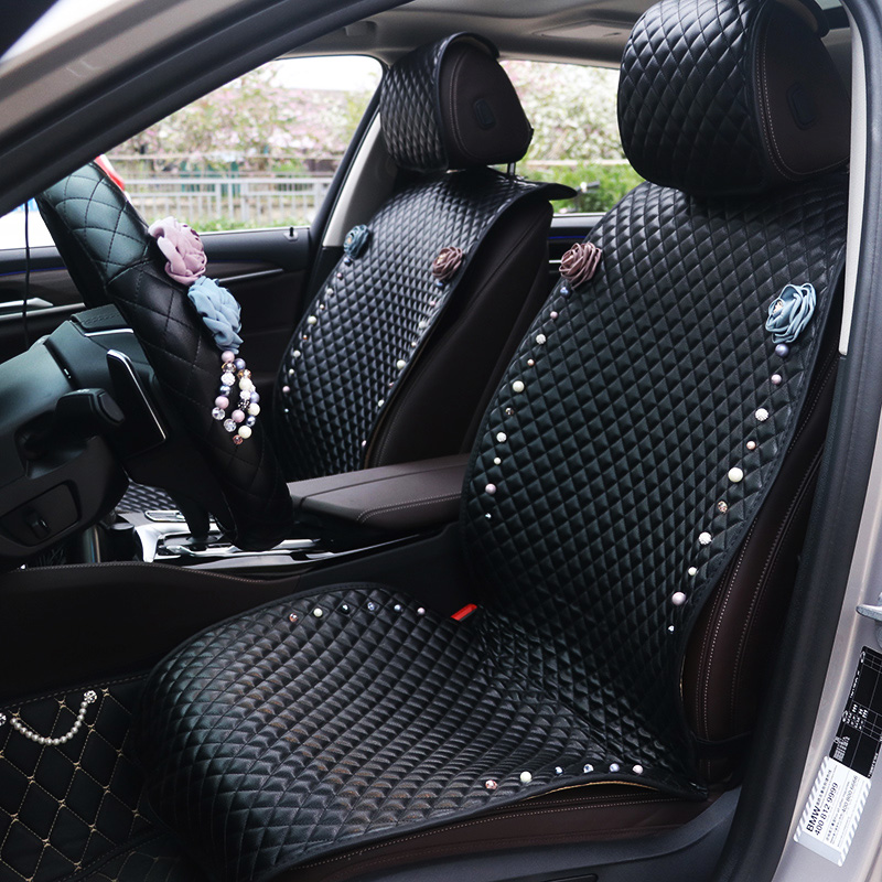 Flower Leather Car Seat Covers Punk Pearl Universal Auto Cushion 5 Seat Vehicle Sets - Black