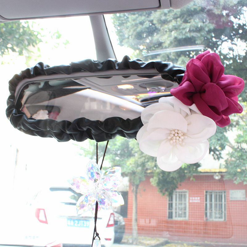Flower Women Leather Car Rearview Mirror Elastic Covers Motorcar Interior Decorate - Black