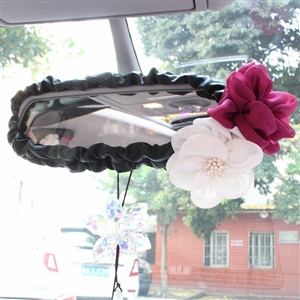 Flower Women Leather Car Rearview Mirror Elastic Covers Motorcar Interior Decorate - Black