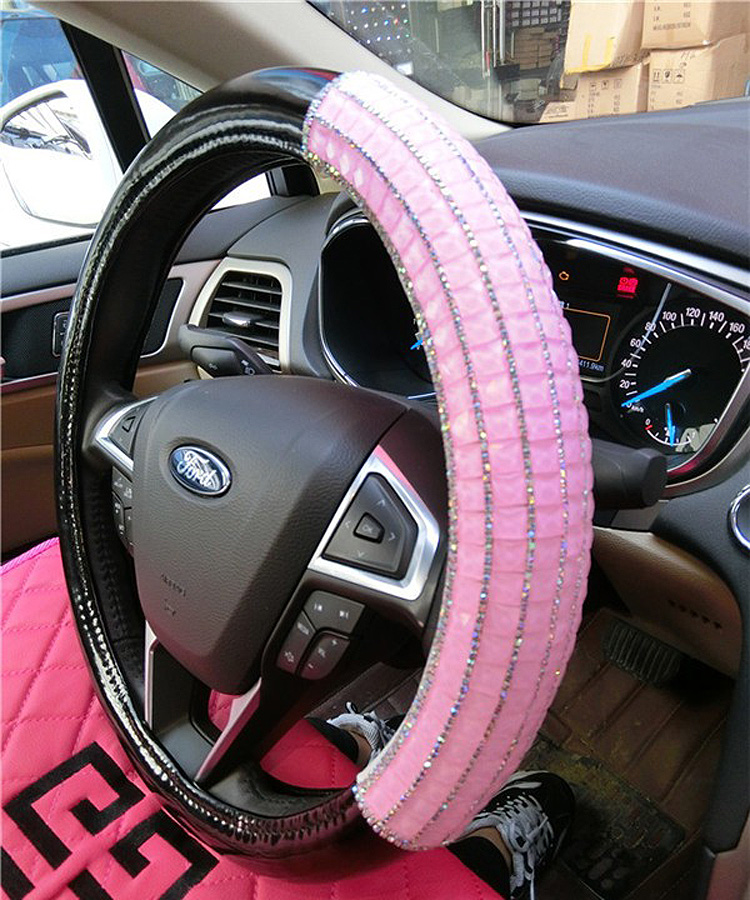 Funky Diamond Car Steering Wheel Covers PU Leather 15 Inch 38CM - Black Pink