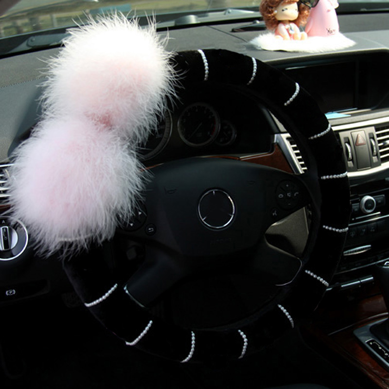 Genuine Wool White Rabbit Ball Fur Pearls Auto Steering Wheel Covers 15 inch 38CM - Black Pink