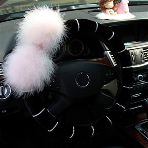 Genuine Wool White Rabbit Ball Fur Pearls Auto Steering Wheel Covers 15 inch 38CM - Black Pink