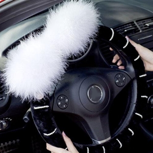 Genuine Wool White Rabbit Ball Fur Pearls Auto Steering Wheel Covers 15 inch 38CM - Black White