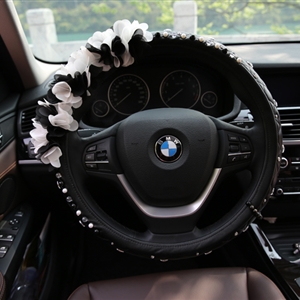 Gorgeous Camellia Diamond Car Steering Wheel Covers Genuine Leather 15 Inch 38CM - Black