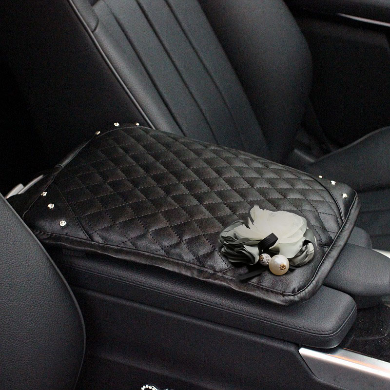 Gorgeous Flower Women Rhinestone Car Armrest Pad PU Leather Armrest Cushions 1pcs - Black