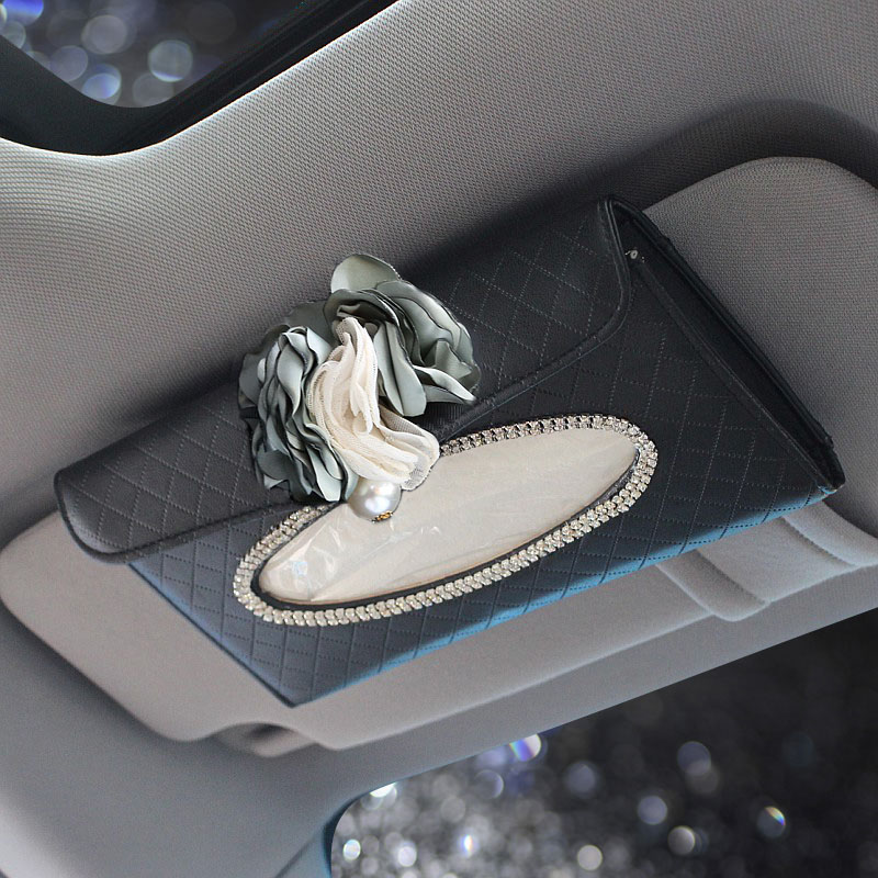 Great Flower Leather Automotive Tissue Paper Box Holder Case Seat Back Hanging Tissue Bag - Black
