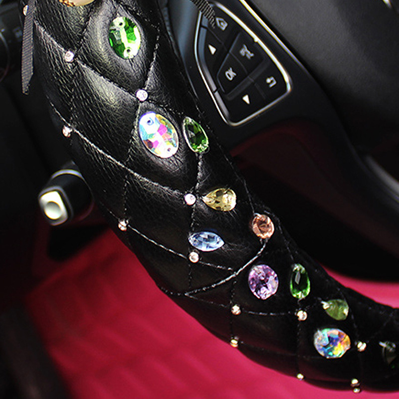Hot Sales Crystals Genuine Leather Grip Car Steering Wheel Covers 15 inch 38CM - Black