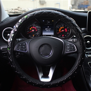 Hot Sales Crystals Genuine Leather Grip Car Steering Wheel Covers 15 inch 38CM - Black