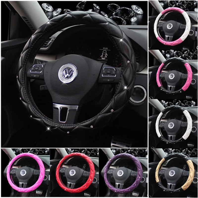 Hot Sales Diamond Genuine Leather Grip Car Steering Wheel Covers 15 Inch 38CM - White