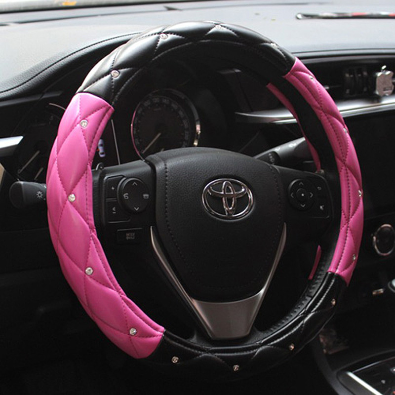 Hot Sales Diamond Genuine Leather Grip Auto Steering Wheel Covers 15 Inch 38CM - Black Rose