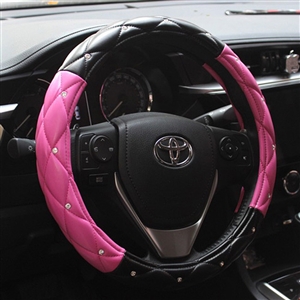 Hot Sales Diamond Genuine Leather Grip Auto Steering Wheel Covers 15 Inch 38CM - Black Rose