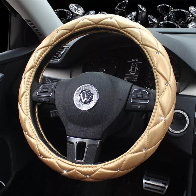 Hot Sales Diamond Genuine Leather Grip Auto Steering Wheel Covers 15 Inch 38CM - Gold