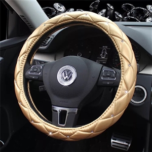 Hot Sales Diamond Genuine Leather Grip Auto Steering Wheel Covers 15 Inch 38CM - Gold