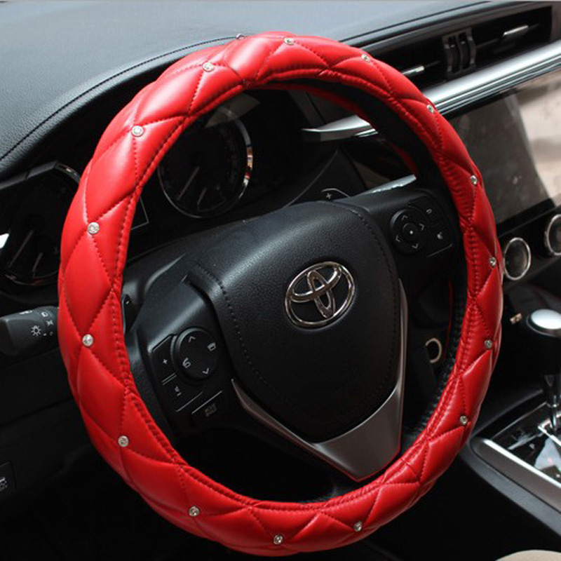 Hot Sales Diamond Genuine Leather Grip Auto Steering Wheel Covers 15 Inch 38CM - Red