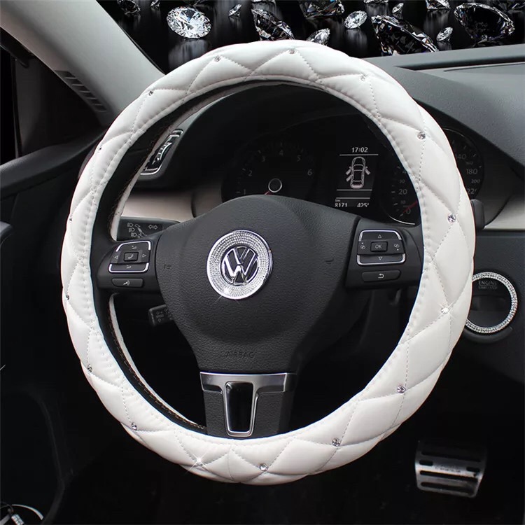 Hot Sales Diamond Genuine Leather Grip Car Steering Wheel Covers 15 Inch 38CM - White