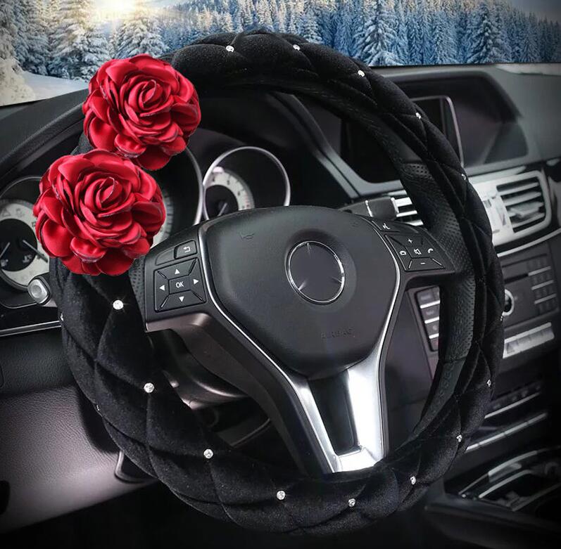 Hot sales Winter Diamond Velvet Flower Car Steering Wheel Covers 15 inch 38CM - Black