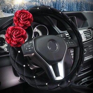 Hot sales Winter Diamond Velvet Flower Car Steering Wheel Covers 15 inch 38CM - Black