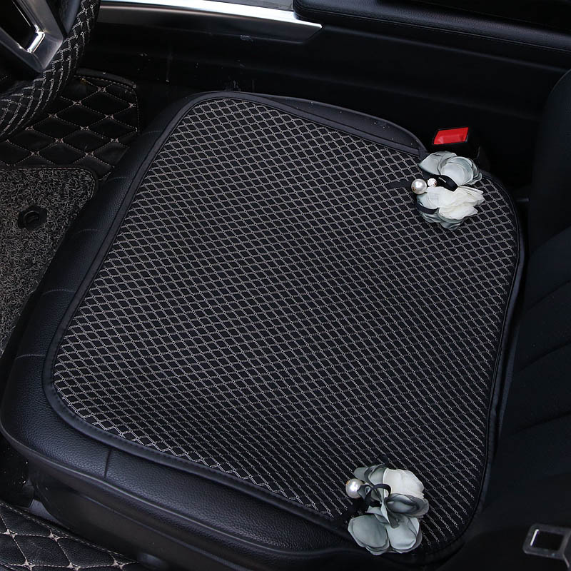 Ice Silk Flower Leather Car Front Seat Cushion Woman Universal Pads 1pcs - Black