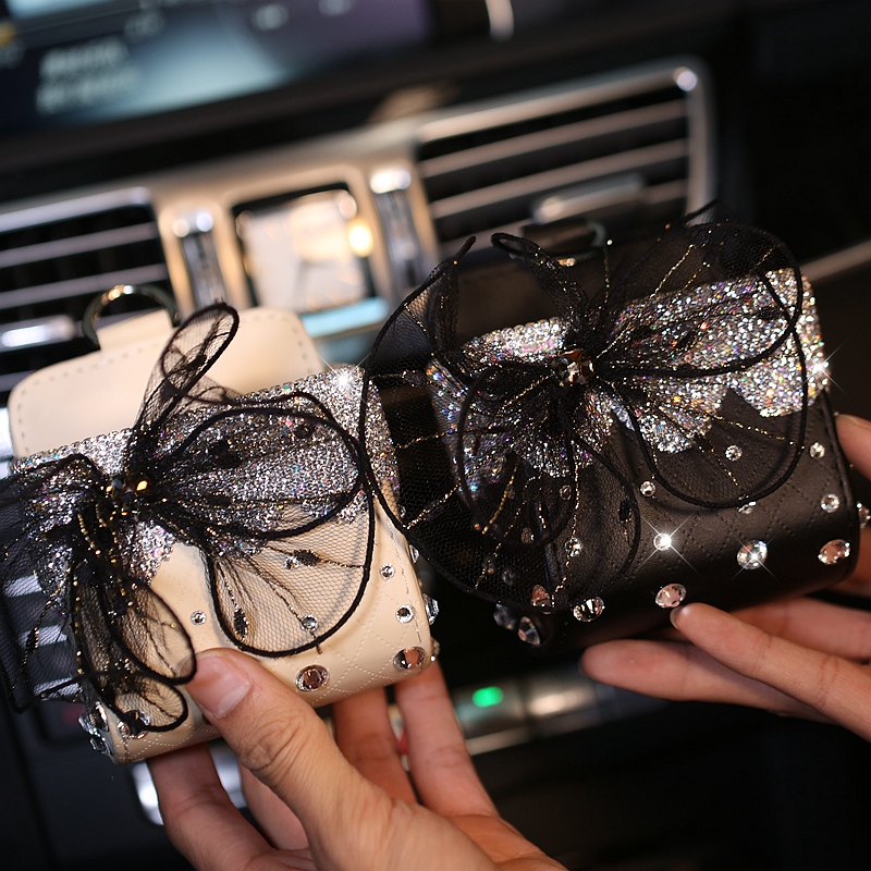 Lace 1pcs Crystal Car Storage Bucket Leather Storage Box Diamond Auto Storage Bag - Black