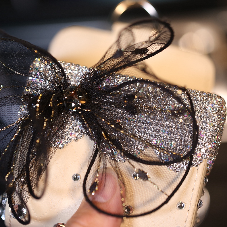 Lace 1pcs Crystal Car Storage Bucket Leather Storage Box Diamond Auto Storage Bag - Beige