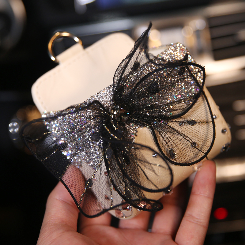 Lace 1pcs Crystal Car Storage Bucket Leather Storage Box Diamond Auto Storage Bag - Beige