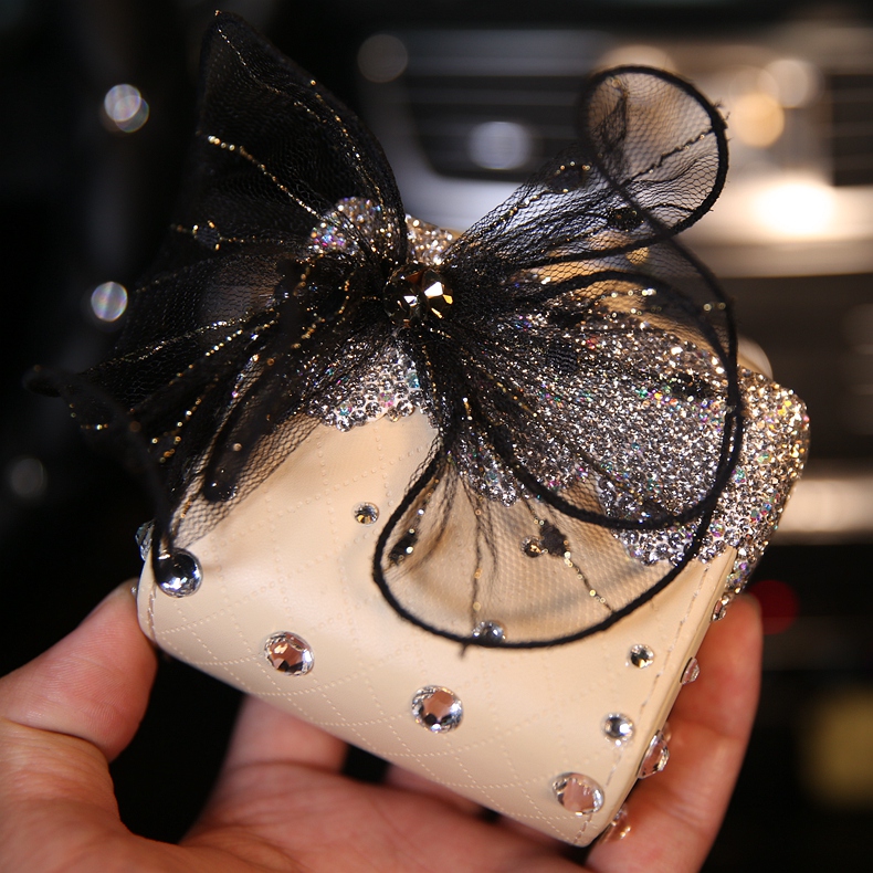 Lace 1pcs Crystal Car Storage Bucket Leather Storage Box Diamond Auto Storage Bag - Beige