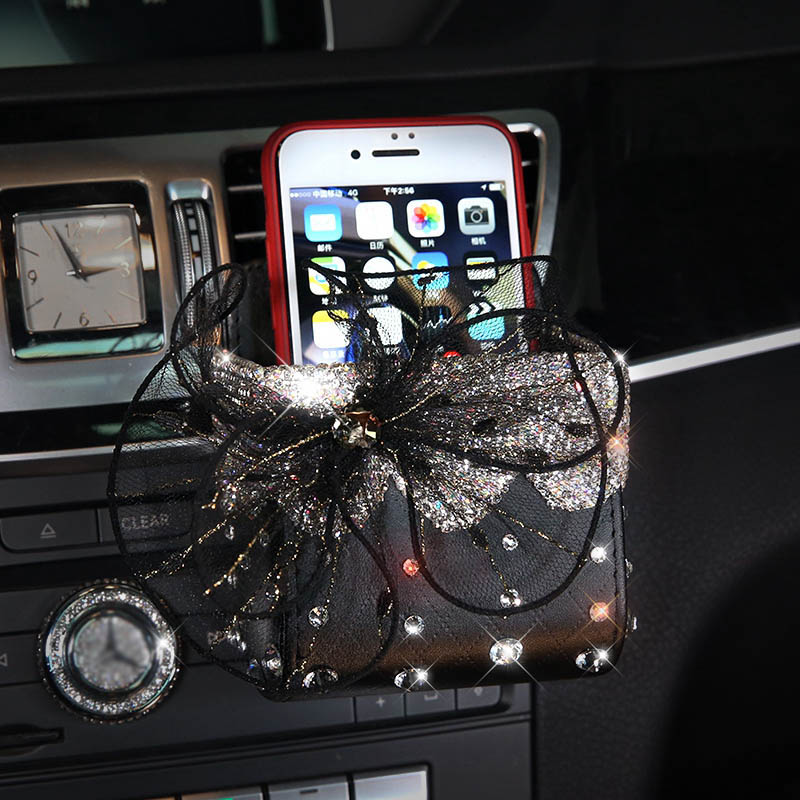 Lace 1pcs Crystal Car Storage Bucket Leather Storage Box Diamond Auto Storage Bag - Black