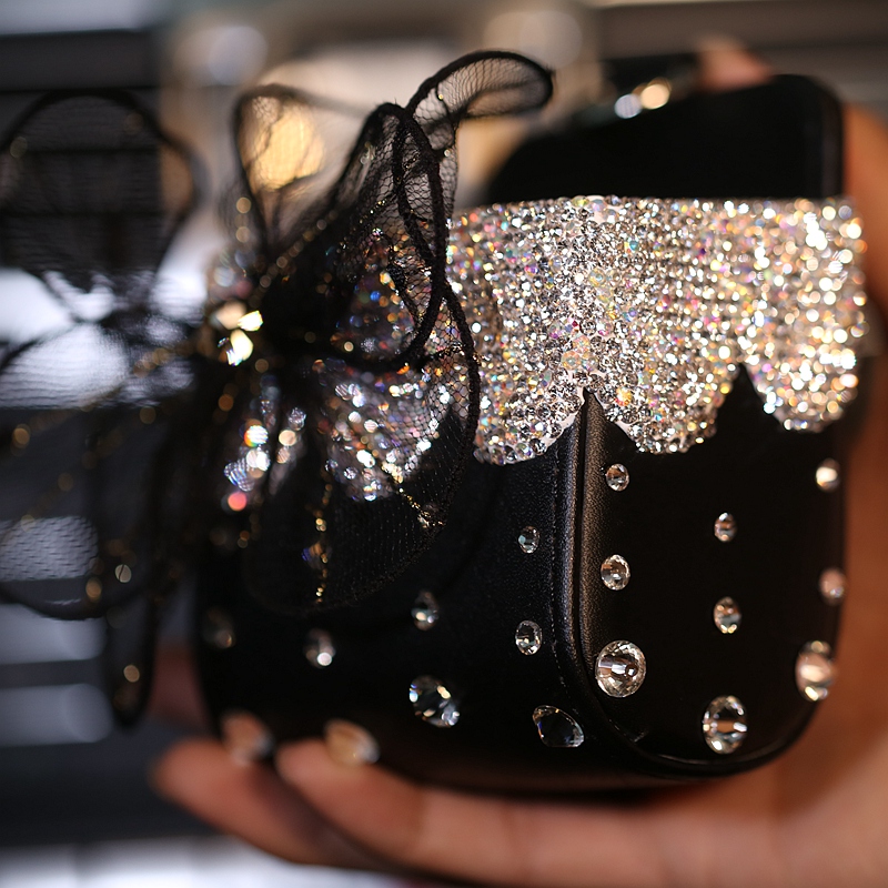 Lace 1pcs Crystal Car Storage Bucket Leather Storage Box Diamond Auto Storage Bag - Black