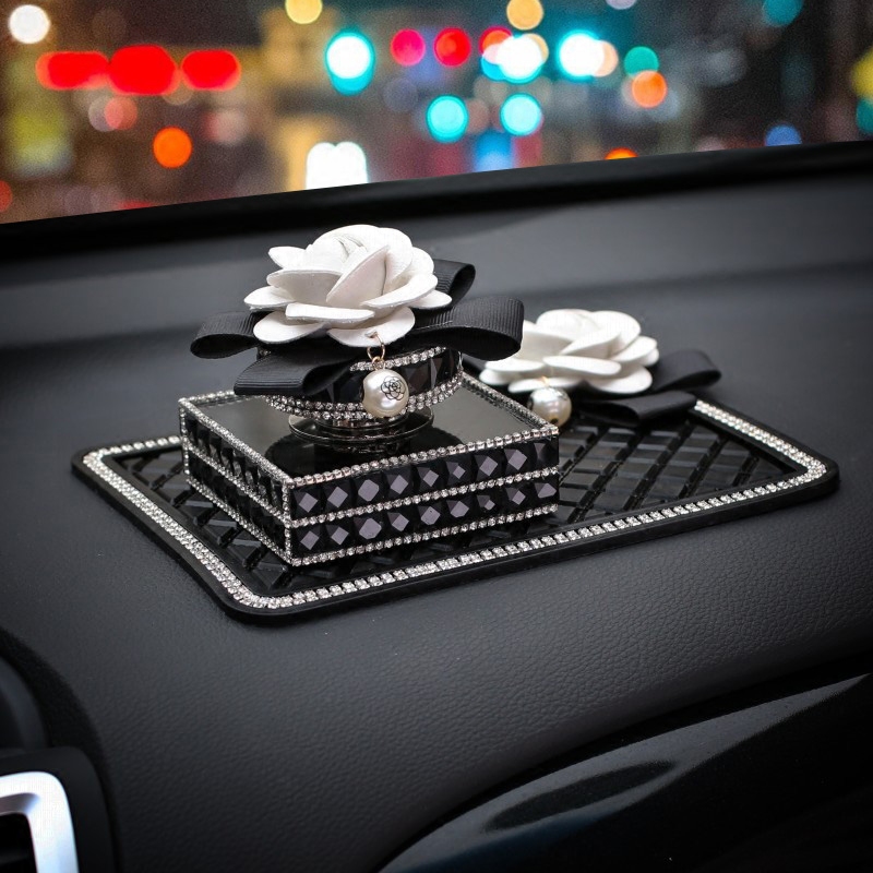 Luxury Crystal Camellia Car Anti Slip Mat Non-slip Sticky Silica Gel Pad Car Perfume Block Styling - Black White