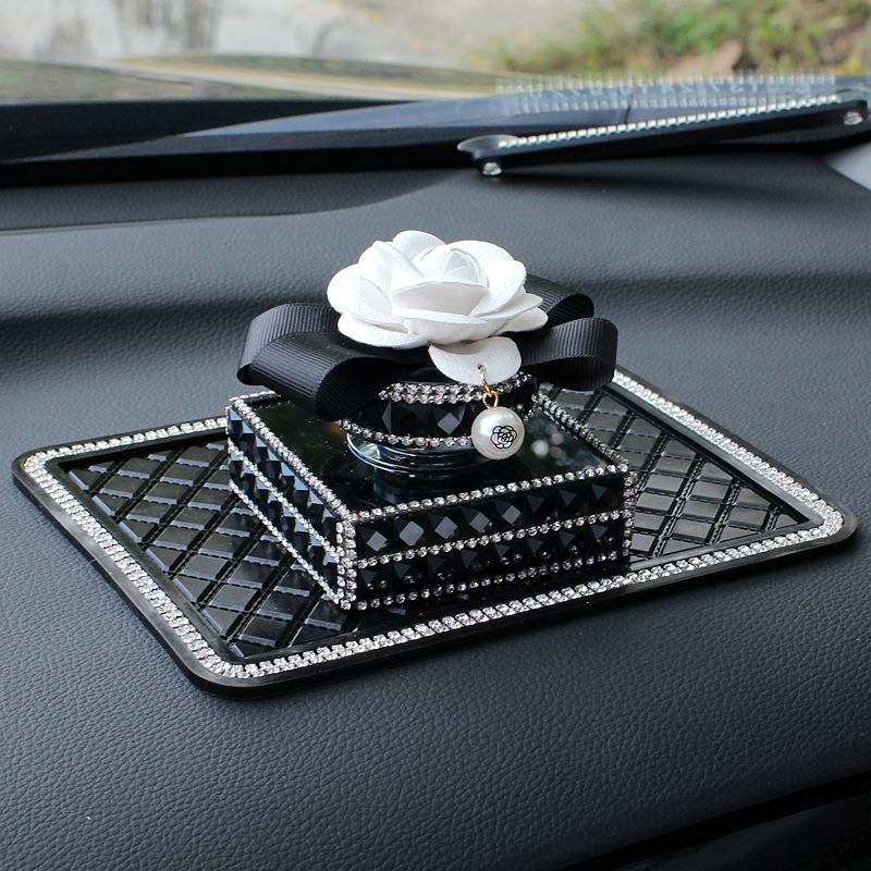 Luxury Crystal Camellia Car Anti Slip Mat Non-slip Sticky Silica Gel Pad Car Perfume Block Styling - Black White