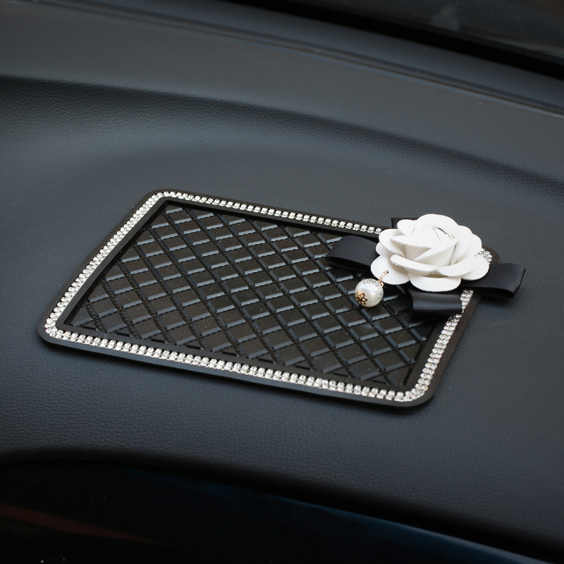 Luxury Crystal Camellia Car Anti Slip Mat Non-slip Sticky Silica Gel Pad Car Perfume Block Styling - Black White