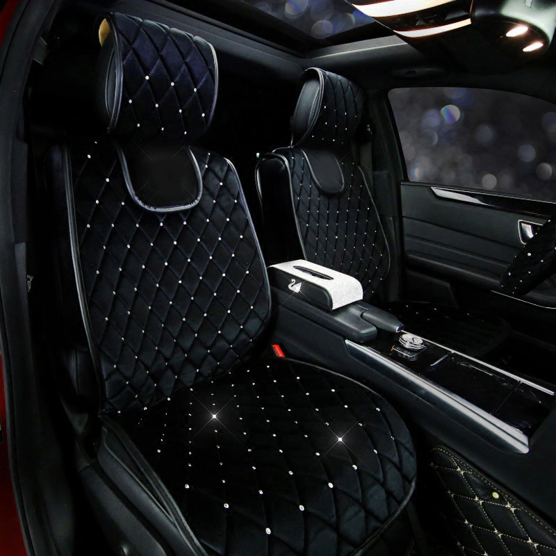 Luxury Full Crystal Diamond Car Universal Winter Plush Auto Cushion Interior Front Seat Covers - Black