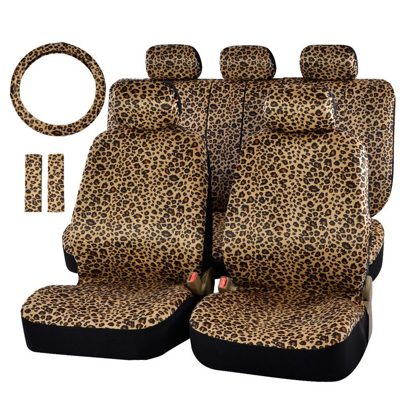 Luxury Leopard Print Car Seat Cover Universal Fit Seat Belt Pads Steering Wheel Cover Protector - Gold
