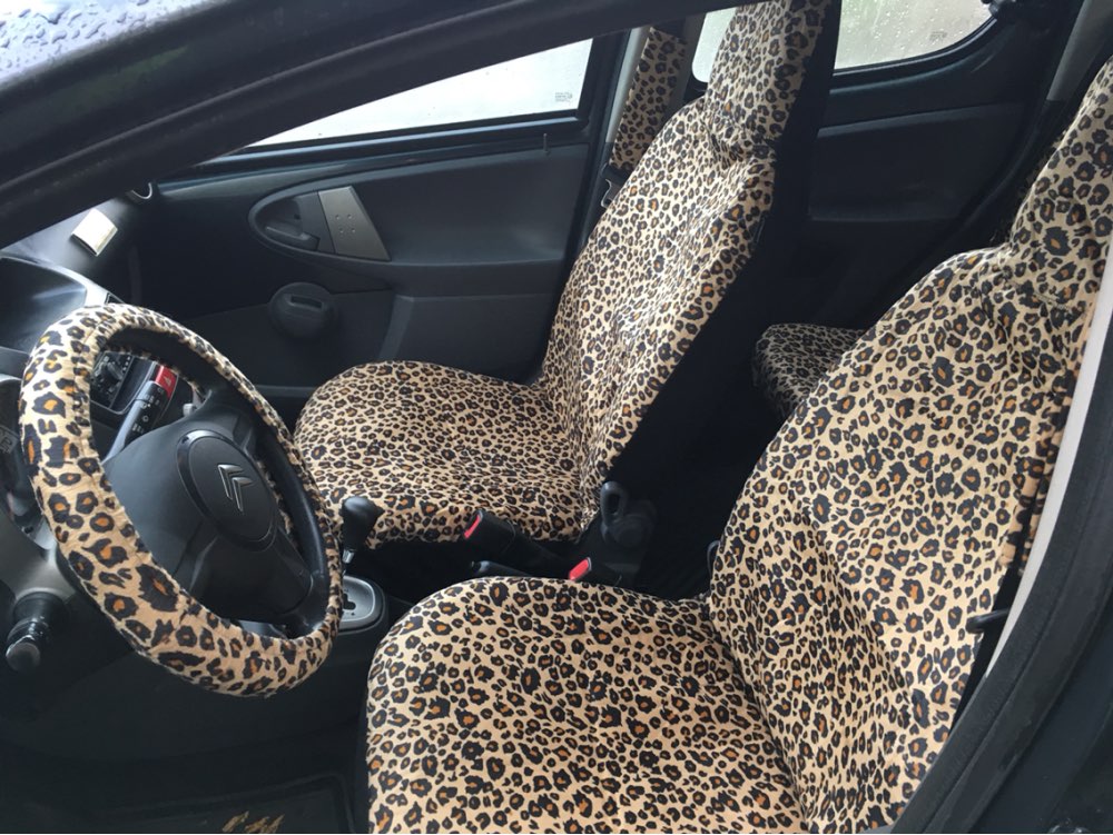 Luxury Leopard Print Car Seat Cover Universal Fit Seat Belt Pads Steering Wheel Cover Protector - Gold