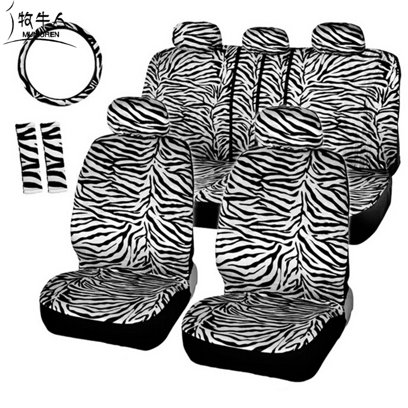 Luxury Zebra Stripe Car Seat Cover Universal Fit Seat Belt Pads Steering Wheel Cover Protector - White