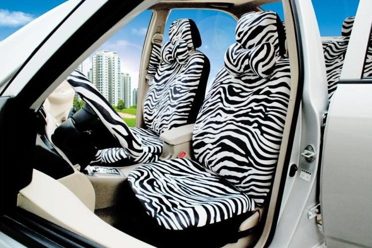Luxury Zebra Stripe Car Seat Cover Universal Fit Seat Belt Pads Steering Wheel Cover Protector - White