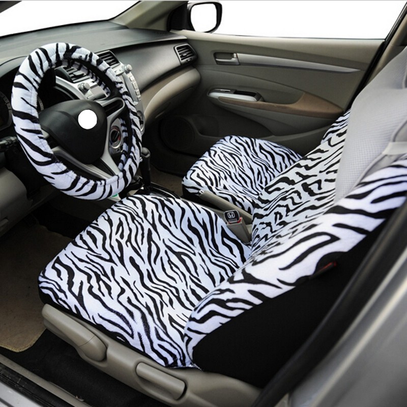Luxury Zebra Stripe Car Seat Cover Universal Fit Seat Belt Pads Steering Wheel Cover Protector - White