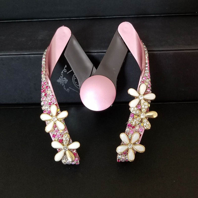M Shape Flower Car Mobile Phone Holder Crystal Rhinestone Air Vent Mount Clip Stand GPS - Pink