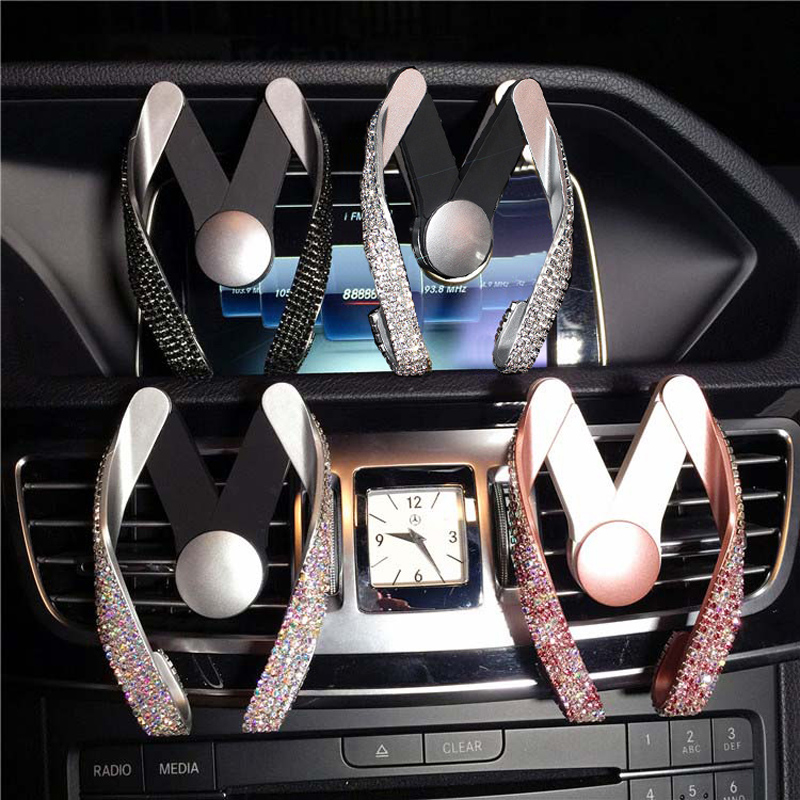 M Shape Universal Car Mobile Phone Holder Crystal Rhinestone Air Vent Mount Clip Stand GPS - White