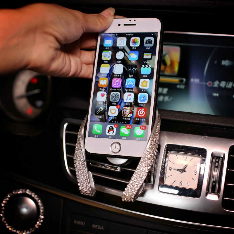 M Shape Universal Car Mobile Phone Holder Crystal Rhinestone Air Vent Mount Clip Stand GPS - White