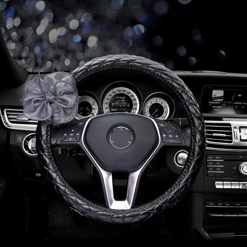 New Flower Pu Leather Handle Car Steering Wheel Covers 15 inch 38CM - Black