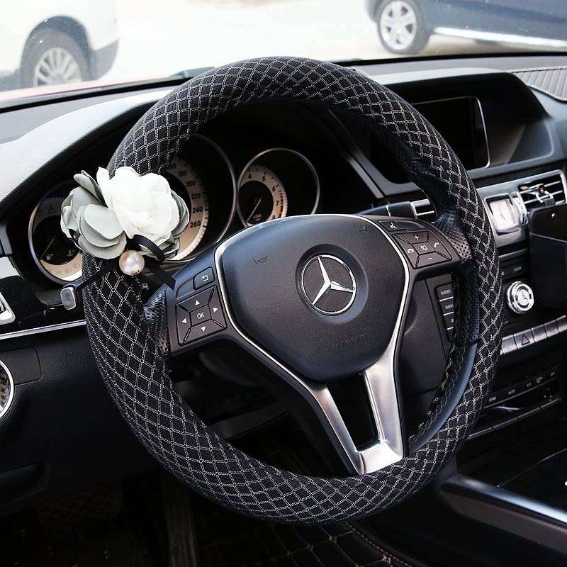 New Flower Pu Leather Ice Silk Handle Car Steering Wheel Covers 15 Inch 38CM - Black