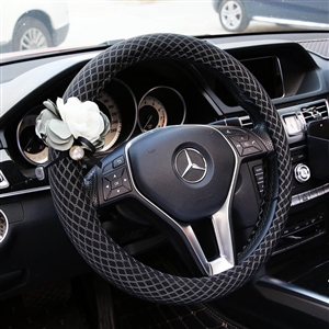 New Flower Pu Leather Ice Silk Handle Car Steering Wheel Covers 15 Inch 38CM - Black