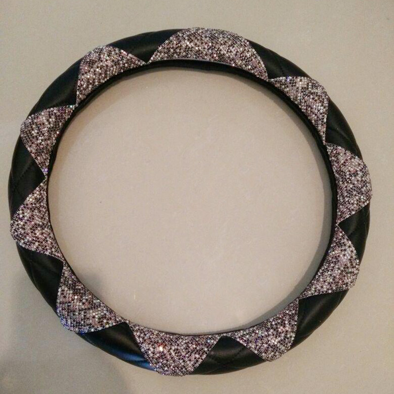 New Luxury Diamond Leather Car Steering Wheel Women Bling Crystal Handle Cover Interior - Black Purple