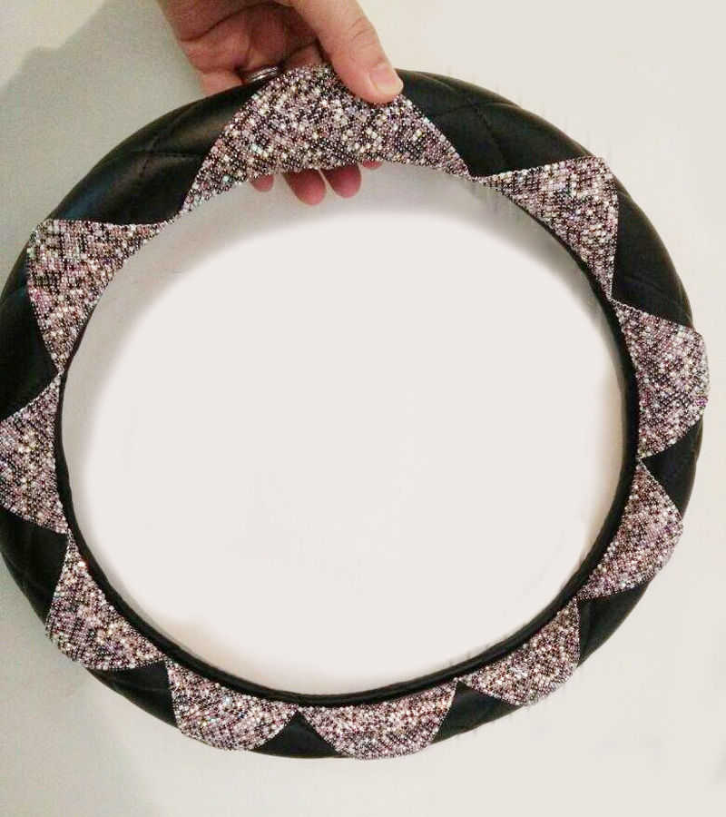 New Luxury Diamond Leather Car Steering Wheel Women Bling Crystal Handle Cover Interior - Black Purple